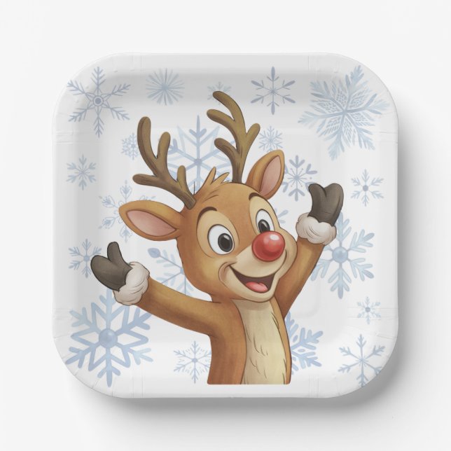Rudolph With Blue Snowflakes Paper Plates (Front)