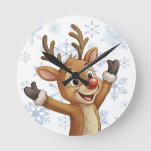 Rudolph with Blue Snowflakes Round Clock