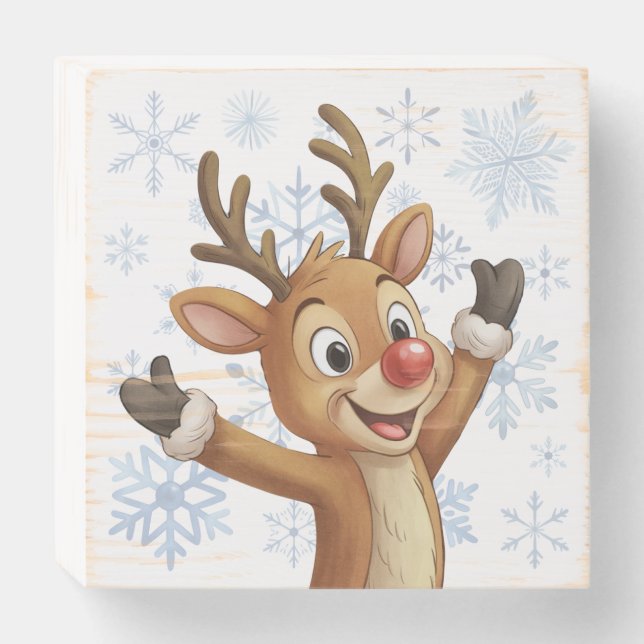 Rudolph with Blue Snowflakes  Wooden Box Sign (Front Horizontal)