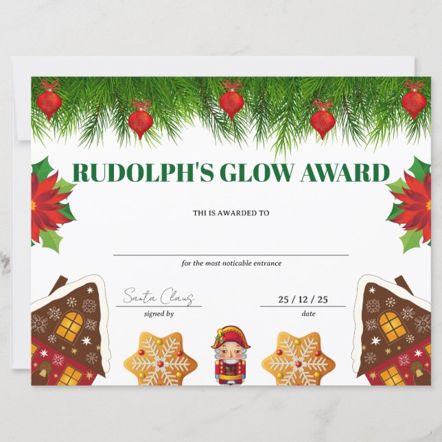 Rudolph's Glow Christmas Award Certificate (Front)