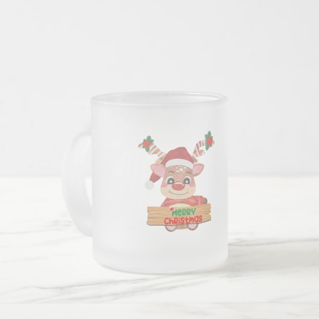 Rudolph's Santa Surprise: A Whimsical Christmas Frosted Glass Coffee Mug (Front Left)