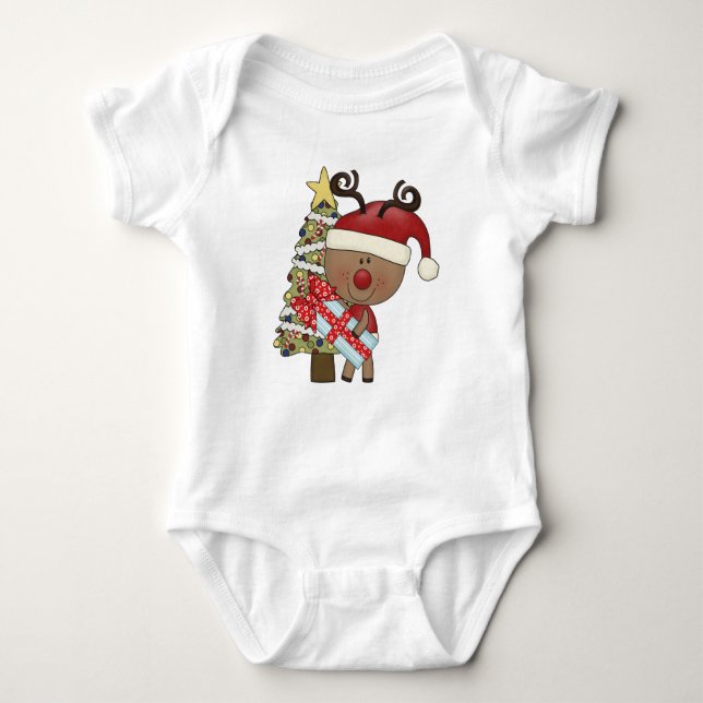 Rudy Reindeer Holiday Tree Baby Bodysuit (Front)