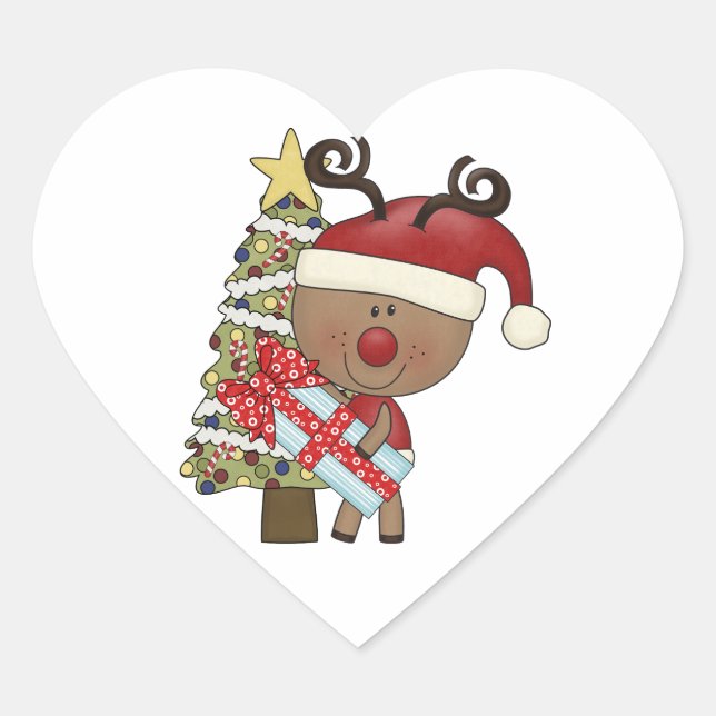 Rudy Reindeer Holiday Tree Heart Sticker (Front)