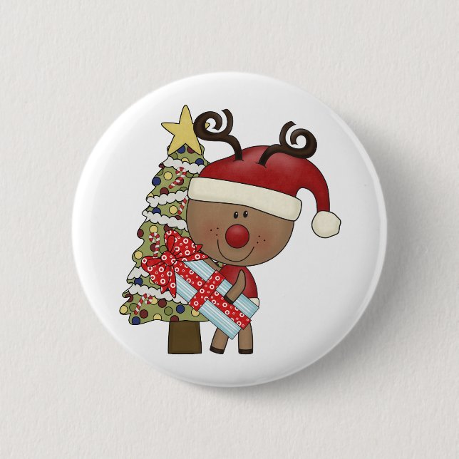 Rudy Reindeer Holiday Tree Pinback Button (Front)