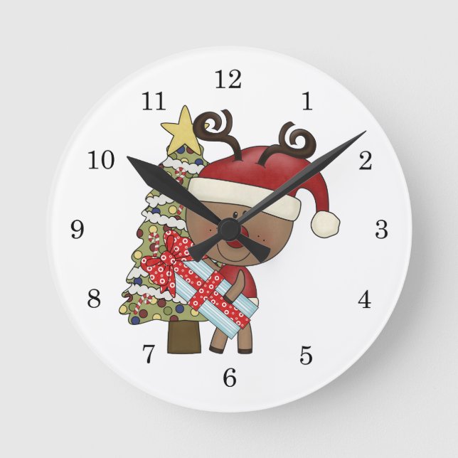 Rudy Reindeer Holiday Tree Round Clock (Front)