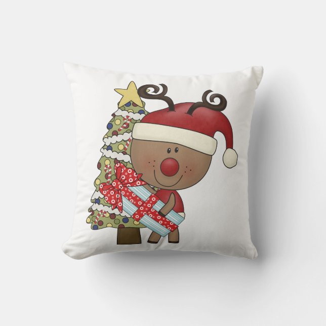 Rudy Reindeer Holiday Tree Throw Pillow (Front)