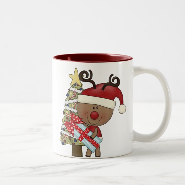 Rudy Reindeer Holiday Tree Two-Tone Coffee Mug (Right)