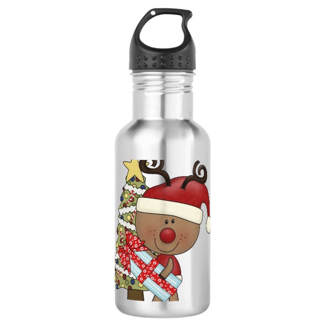 Rudy Reindeer Holiday Tree Water Bottle (Front)