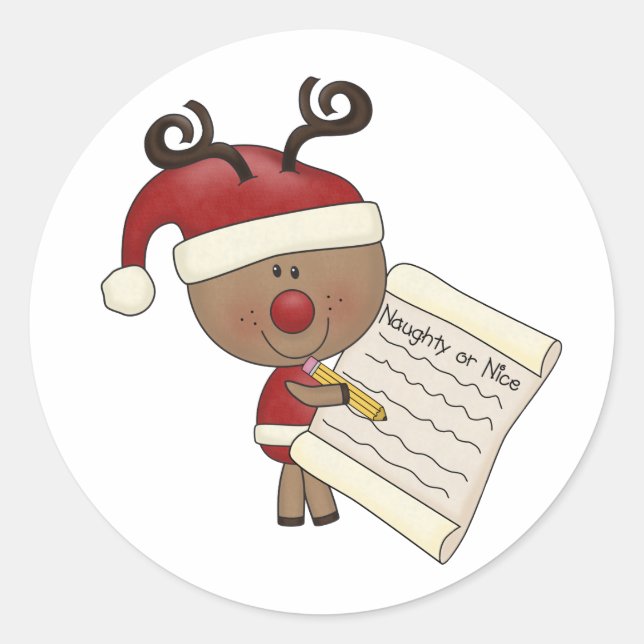 Rudy Reindeer Naughty or Nic Classic Round Sticker (Front)