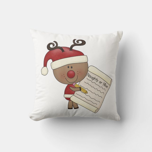 Rudy Reindeer Naughty or Nic Throw Pillow (Front)