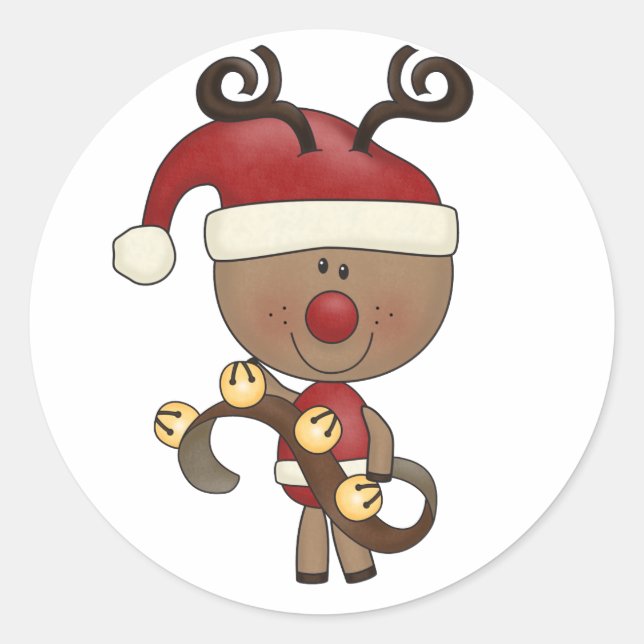 Rudy Reindeer With Bells Classic Round Sticker (Front)