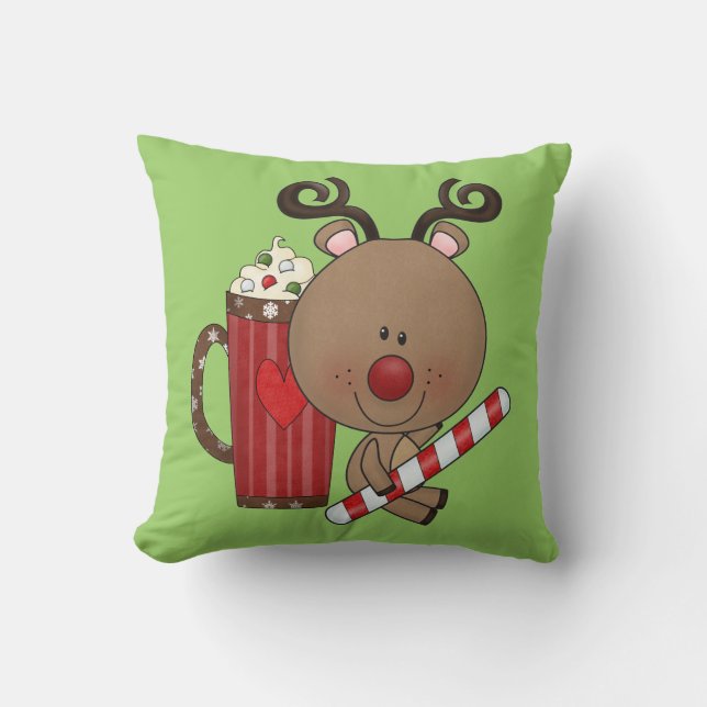 Rudy Reindeer With Cocoa Throw Pillow (Front)