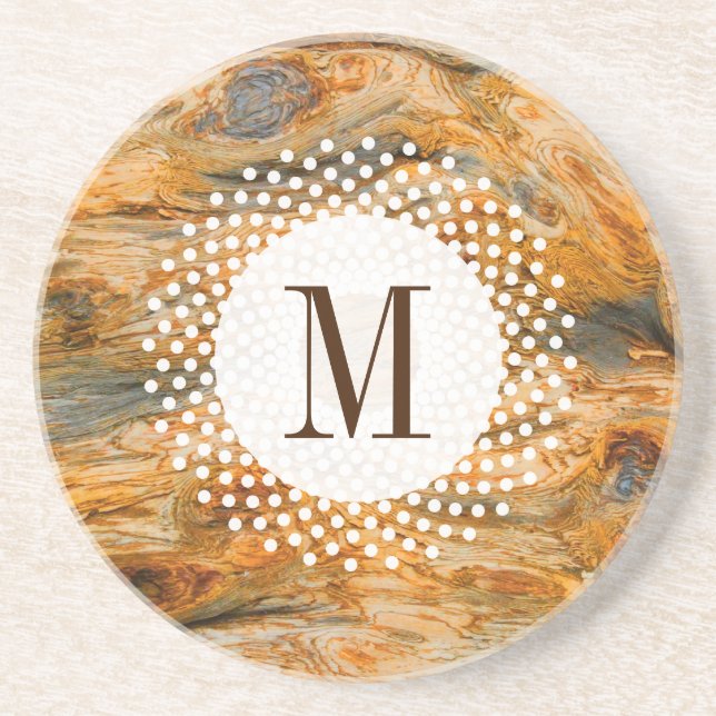 Ruff Brown Wood Texture & White Circles Accents Sandstone Coaster (Front)