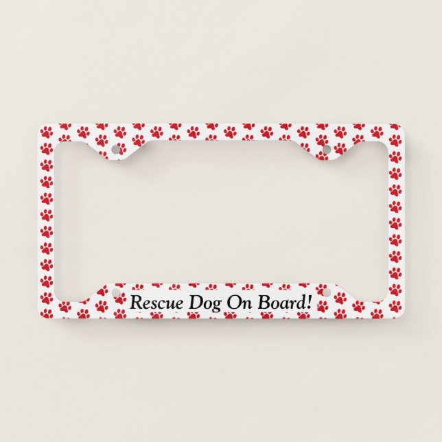 Ruffing Red Paw Prints Rescue Dog On Board License Plate Frame (Front)