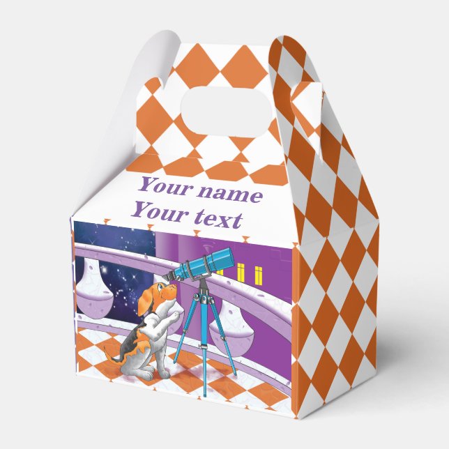 Rufous beige puppy and telescope in the castle favor boxes (Front Side)