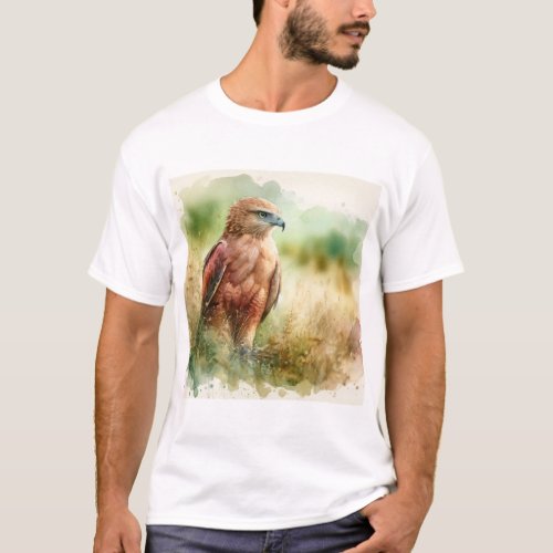 Rufous Crab Hawk in Grasslands AREF458 _ Watercolo T_Shirt