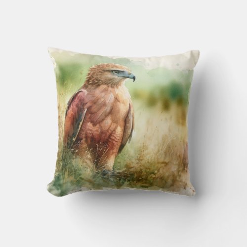 Rufous Crab Hawk in Grasslands AREF458 _ Watercolo Throw Pillow