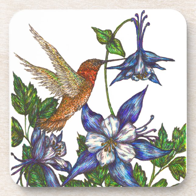 Rufous Hummingbird with Columbines Beverage Coaster (Front)