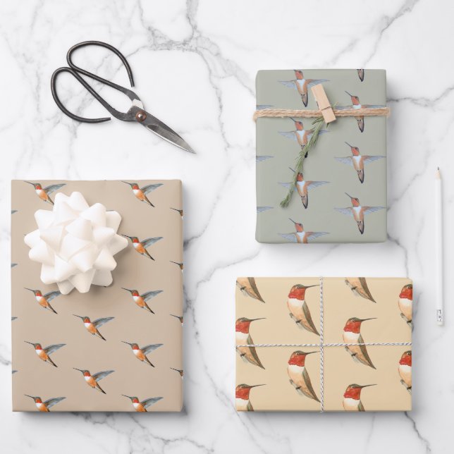 Rufous Hummingbirds Pattern Wrapping Paper Sheets (Front)