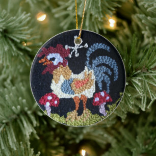 rug hooked design rooster & mushroom ornament