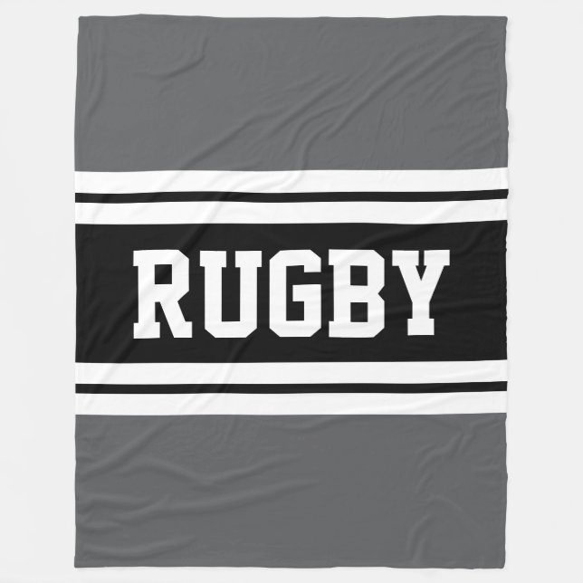 RUGBY Athletic Gray Black White Racing Stripes Fleece Blanket (Front)
