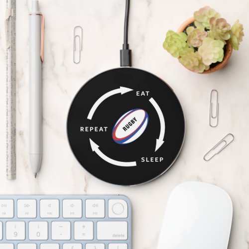 Rugby Eat Sleep Repeat Sports Fan Saying Wireless Charger
