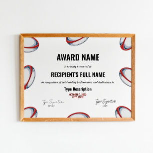 Rugby Excellence Award Certificate - Instant  Poster