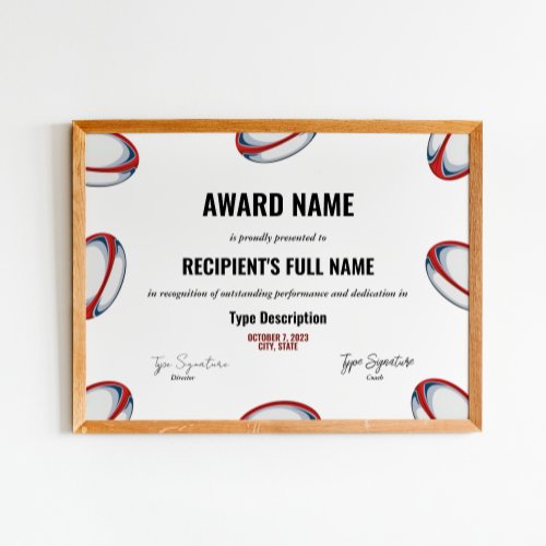 Rugby Excellence Award Certificate _ Instant  Poster