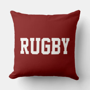 RUGBY Fun 70s Athletic White Text On Bold Deep Red Throw Pillow