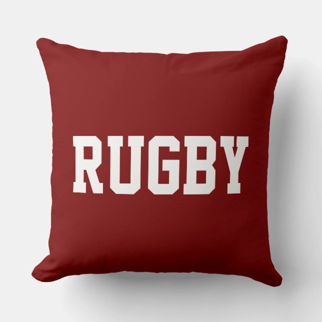 RUGBY Fun 70s Athletic White Text On Bold Deep Red Throw Pillow (Front)