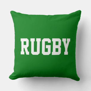 RUGBY Fun Sporty White Text On Athletic Green Throw Pillow