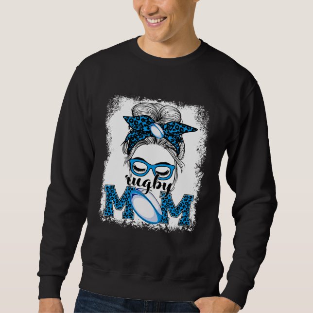 Rugby Mom Mother's Day Game Day Messy Bun Leopard Sweatshirt (Front)