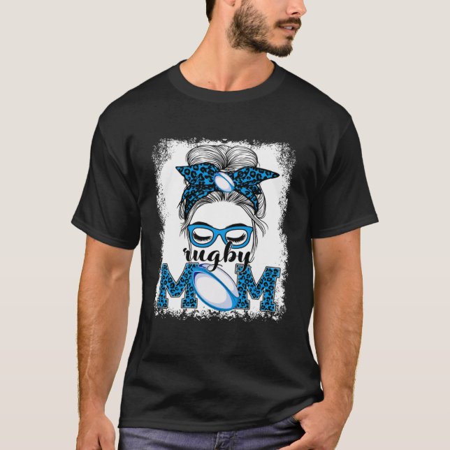 Rugby Mom Mother's Day Game Day Messy Bun Leopard T-Shirt (Front)
