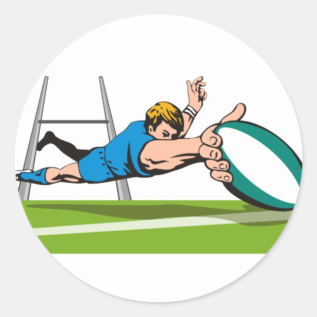 Rugby player diving scoring a try classic round sticker (Front)