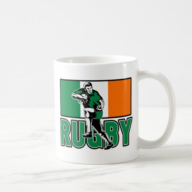 rugby player running ball fending ireland flag coffee mug (Right)