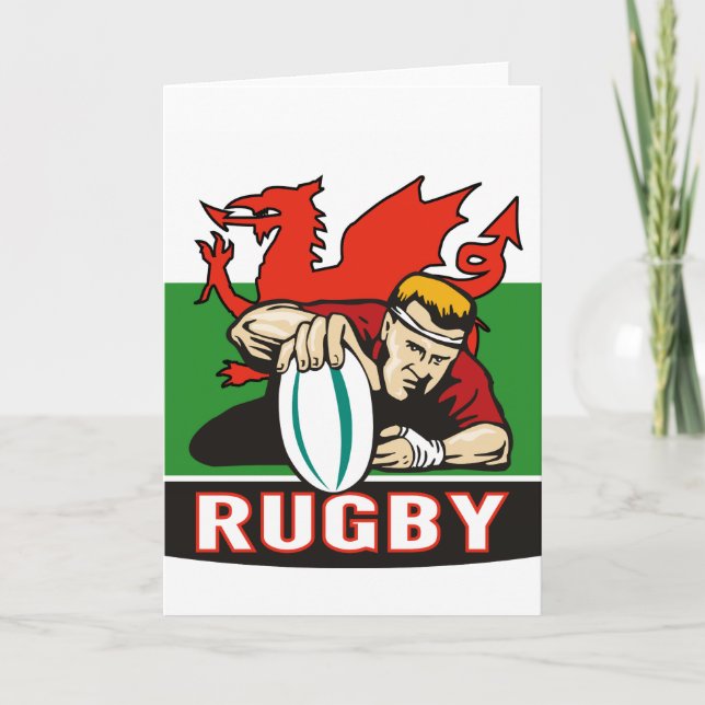 Rugby player scoring try wales flag card (Front)