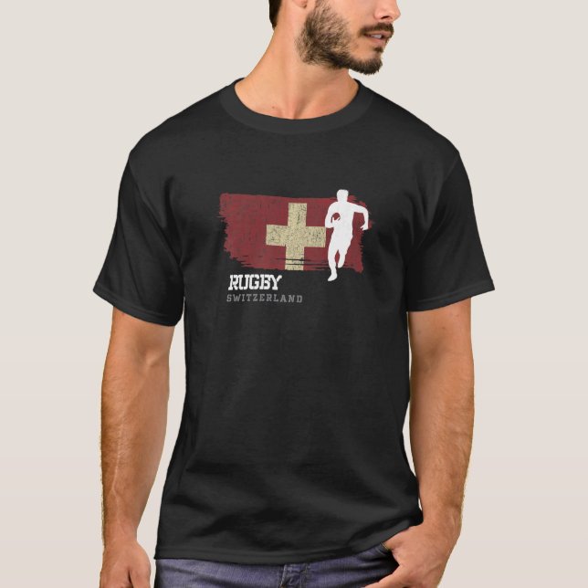 Rugby Player Switzerland Flag Sports Ball Rugby T-Shirt (Front)
