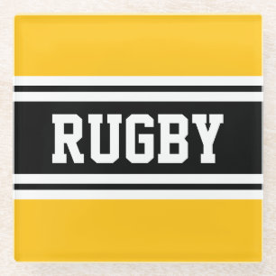 RUGBY Sporty Yellow Orange Black Racing Stripes Glass Coaster