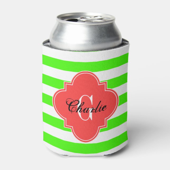 rugby Stripe Coral Red Can Cooler (Can Front)