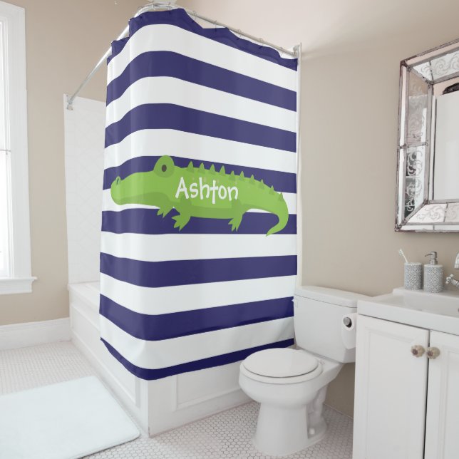 Rugby Stripes Alligator Personalize Shower Curtain (In Situ)