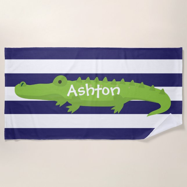 Rugby Stripes Alligator Personalized Beach Towel (Front)