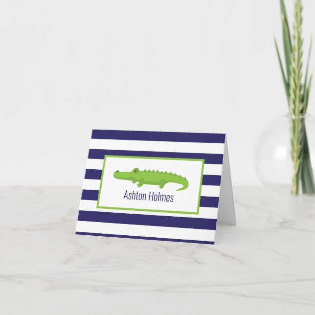 Rugby Stripes Alligator Personalized Note Cards (Front)