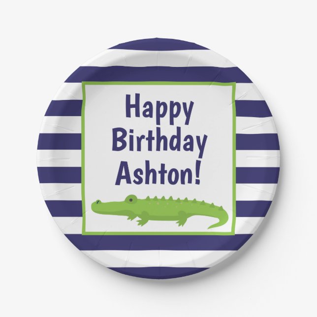 Rugby Stripes Alligator Personalized Party Plates (Front)