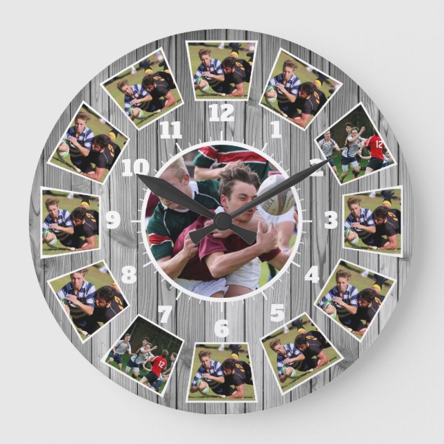 Rugby Wooden Effect Personalise Photo Collage Large Clock (Front)