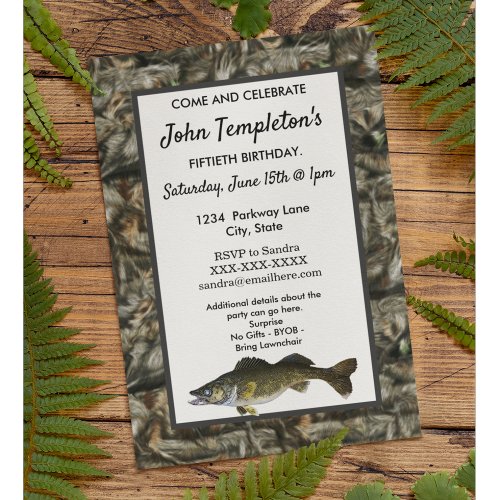 Rugged Adult Fishing Birthday Mens Camo Fish Invitation