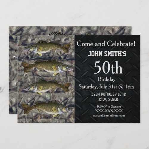 Rugged Adult Walleye Fishing Camo Birthday Invitation