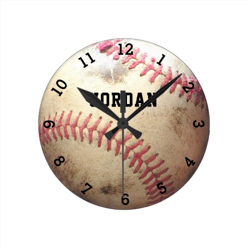 Rugged Baseball Personalized Round Clock - Personalized baseball wall clock. Ideal gift for the baseball player, coach or young boy's room decor. HELP:  For assistance with design modification/personalization or transferring the design to another product, contact the designer BEFORE ORDERING via Zazzle Chat or makeitaboutyoustore@gmail.com.
