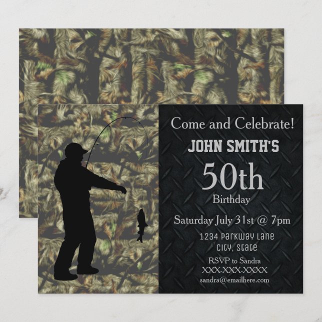 Rugged Camo Adult Fishing Birthday Invitation (Front/Back)