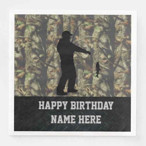 Rugged Camouflage Fishing Birthday Napkins