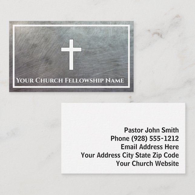 Rugged Gray Metallic Cross Outline Church Pastor Business Card (Front/Back)